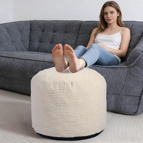 Round Pouf Ottoman Foot Rest with Foam Chunk Filling, Corduroy Ottomans for Living Room Floor Poufs (26"x18",Beige) - color: A-beige, size: 26"D x 26"W x 18"H
