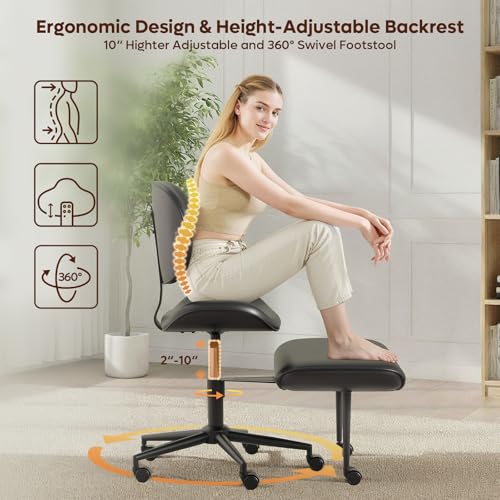 Cross Legged Office Chair with Wheels for ADHD, Ergonomic 360° Swivel Height-Adjustable Meditation Chair for Yoga, Wide Kneeling Chair with Strong Lumbar Support, PU Leather, Black - color: Black-pu