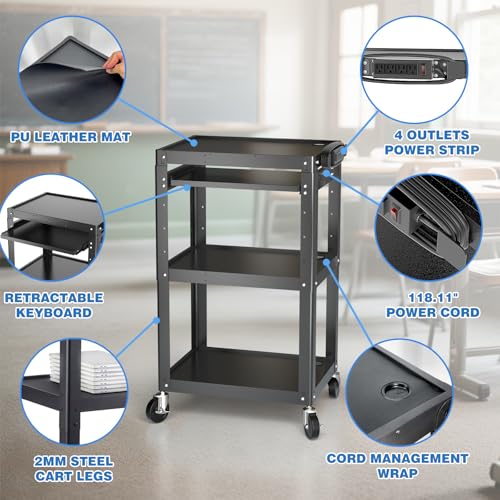 POCHAR Steel AV Cart on Wheels - Rolling Projector Cart with Height Adjustable Shelf, Pullout Keyboard Tray, Power Strip, Cord Management - Mobile Media Carts Computer Workstation for Office Classroom - style: 3 Shelf with Keyboard Tray (AV-J)