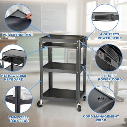 POCHAR Steel AV Cart on Wheels - Rolling Projector Cart with Height Adjustable Shelf, Pullout Keyboard Tray, Power Strip, Cord Management - Mobile Media Carts Computer Workstation for Office Classroom - style: 3 Shelf with Keyboard Tray (AV-J)