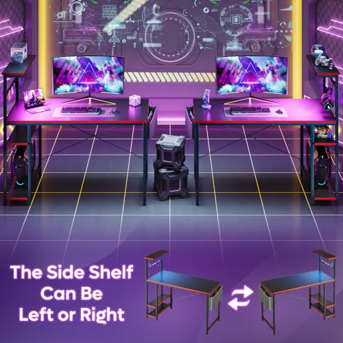 Bestier 44" Gaming Desk with LED & Storage,Gamer Desk, Carbon Fiber Black | Scratch-Resistant Laminate & Steel, 44" Desktop, X-Bar Frame with Foot Rest, 150 lb Capacity, Home Office & Game Room Ready - color: Black Carbon Fiber, size: 44 Inch