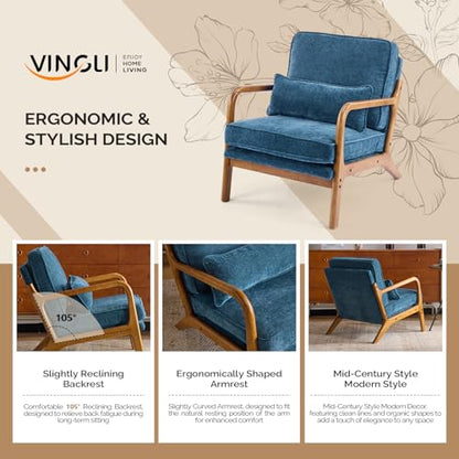 VINGLI Chenille Mid-Century Modern Accent Chair Set of 2, Cute Reading Arm Chair with Cushion & Lumbar Pillow & Solid Wood Frame for Lounge, Living Room, Reading Room, Bedroom, Blue - color: Blue
