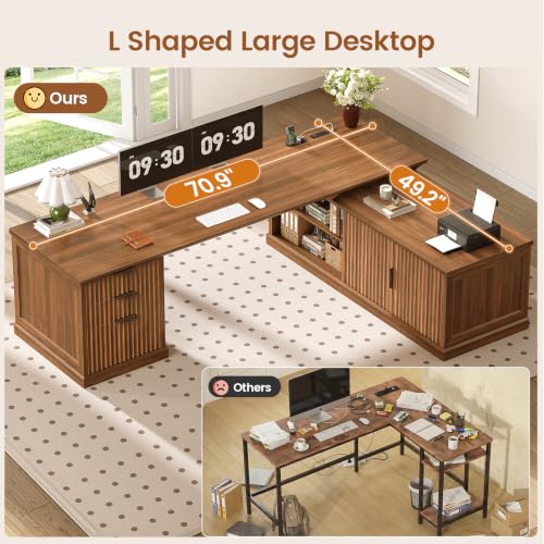 SEDETA Fluted 70.9" L Shaped Desk with Drawers, Fluted Brown - color: Fluted Brown, size: 70.9" L Shaped Desk