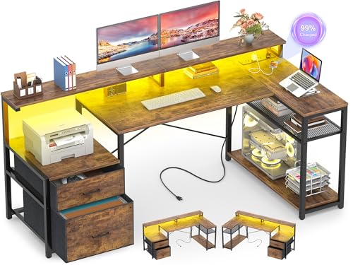Aheaplus L Shaped Desk with File Drawer, Reversible L Shaped Gaming Desk | Computer Desk with Power Outlet & LED Strip, Home Office Desk Corner Desk with Monitor Shelf, Storage Shelves, Rustic Brown - color: Rustic Brown1