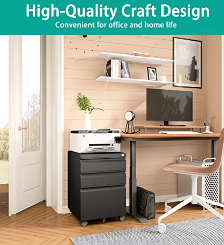 SISESOL 3 Drawer Mobile File Cabinet with Lock,Black Under Desk File Cabinets with Wheels,Rolling Metal Filing Cabinet for Home Office,Fit Legal/Letter/a4 File,Fully Assembled Except Caster - color: Black, size: 24.41"H x 14.6"W x 17.32"D