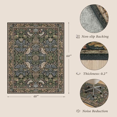 Washable 4x5 Boho Office Chair Mat for Hard Wood Floors, Green Floor Protector for Computer Chair, Rustic Botanical 48"x60" Low Pile Under Desk Rug, Easy to Clean, Non-Slip Stain & Fade Resistant - color: Bird - Dark Green / Brown, size: 4' x 5'