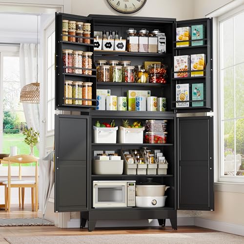 GAIOUS 74.8" Tall Metal Food Cabinet, Black Kitchen Pantry Cabinet, Storage Cabinets with 4 Door and 4 Adjustable Shelves, Steel Freestanding Cupboard for Kitchen Dining Room Living Room Bathroom - color: Black, size: 15.75"D x 31.5"W x 74.8"H