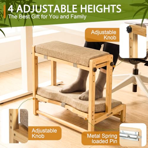 Two-Tier Bamboo Desk Footrest, Adjustable Ergonomic Leg Rest with Cushion | Adjustable 4 Heights Leg Rest with Removable Cushion, Wide Ergonomic Platform Ideal for Office, Gaming, and Study
