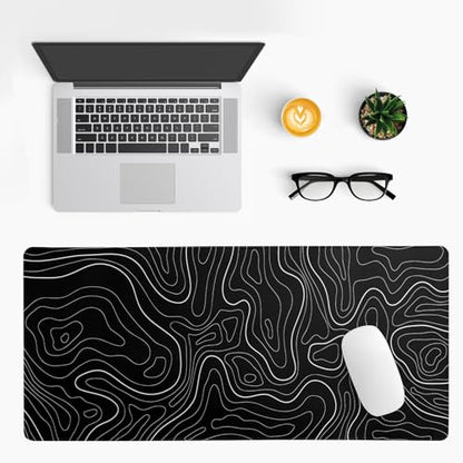 Topographic Contour Black Gaming Mouse Pad XL Geographic Map Lines Extended Big Large Desk Mat Non-Slip Rubber Base Stitched Edge Long Keyboard Mousepad for PC Computer Laptop,31.5x11.8 Inch - color: Black Topographic Contour