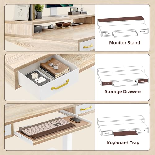 TIQLAB Standing Desk with Two Drawers, Stand Up Standing Desk Adjustable Height, Electric Sit Stand Table with Storage Shelf and Splice Board, with LED Light, 47 * 28 inch, Maple - color: Maple, size: 47*28 inch with keyboard tray