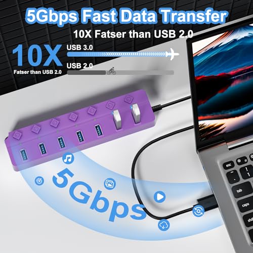 USB Hub 7 Port, USB Splitter with Individual On/Off Switches and Lights - color: Purple