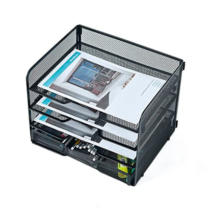 SETTFRFE 4-Tier Metal Desk Organizer-Paper Letter Tray with Drawer,Black - size: 12.8" x 10" x 9.9"