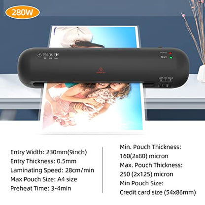 Laminator,A4 Desktop Laminator Machine Hot and Cold 9 inches Personal Laminator for Home School Office Use with Paper Cutter Trimmer Rounder Hole Puncher Binding Hoop Laminating