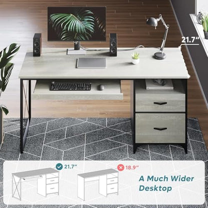 Bestier Office Desk with Drawers, 55 inch Industrial Computer Desk with Storage, Wood Teacher Desk with Keyboard Tray & File Drawer for Home Office, Wash White - color: Wash White