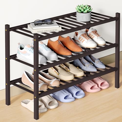 Smiry Bamboo Shoe Rack for Closet, 3 Tier - 26.77" Wide, Brown | Stackable Wooden Shoe Organizer, Wood Shoe Storage Shelf for Entryway, 14 Vertical Slats, Reinforced Legs - color: Brown, size: 3 Tier - 26.77" Wide
