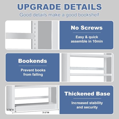 White 5-Tier Metal Bookcase, 69″ Heavy-Duty Sturdy Home Office Bookshelf | Holds Up 200 Books, Adjustable Shelves, Heavy-Duty Load, Fast Screw-Free Assembly, Widely Used Home & Office Storage - color: White, size: Style1-31.5"W