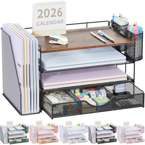 gianotter Desk Organizers and Accessories with File Holder, 4-Tier Desk Accessories & Workspace Organizers with Drawer and 2 Pen Holder, Paper Organizer for Office Supplies (Wood) - color: Wood, size: 4T