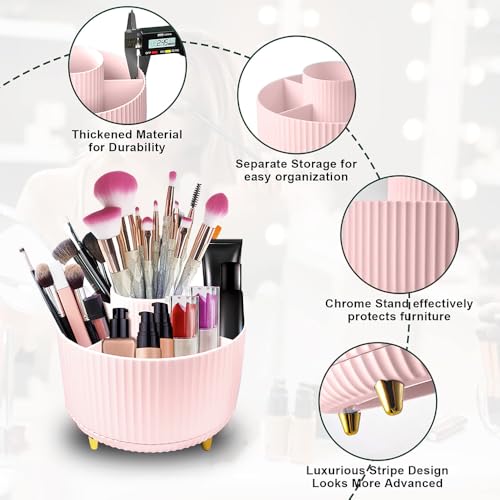 WILL OAK Makeup Brush Organiser - Large Compartment Cosmetic Organizer -Eyeliner, Nail Polish, Art Supply, Bathroom Vanity Desktop Organizer (Pink) - color: Pink