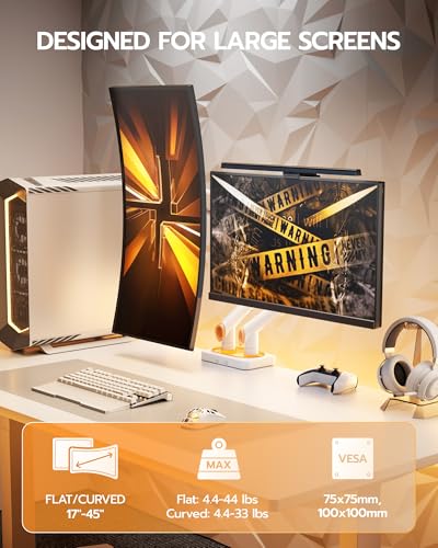 ARES WING 17-45 Inch Monitor Arm Ultrawide Dual Monitor Mount, White | Heavy Duty Mechanical Spring Monitor Stand Adjustable Arms Holds up to 44lbs, 75/100 VESA Mount with Clamp/Grommet Base - color: White, style: Non RGB