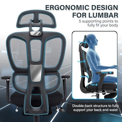 Ergonomic Mesh Office Chair with Retractable Footrest - High Back Computer Chair with Lumbar Support, Adjustable Armrests and Headrest - Adult Multifunctional Home Office Chair, Black - color: Black