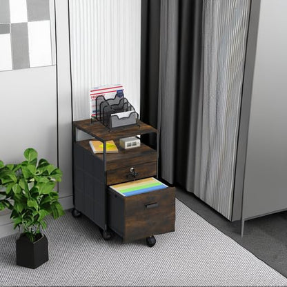 SHW Box File Rolling Mobile Cabinet with Lockable Drawer, Rustic Brown - color: Rustic Brown