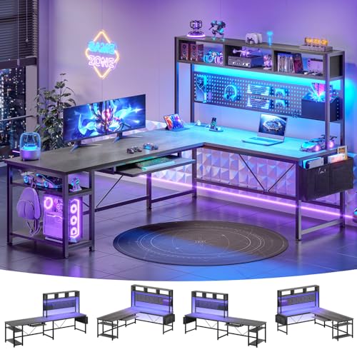 SEDETA L Shaped Office Desk with Hutch, Reversible 94.5" Computer Desk | L Shaped Gaming Desk with LED Light, Keyboard Tray, Storage Shelves and Headphone Hook for Home Office, Grey - color: Grey With Power Outlet and Pegboard