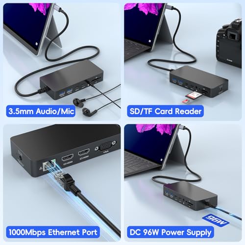 New Surface Thunderbolt 4 Dock Triple Displays 4K HDMI*2+VGA, 12 in 1 Surface Pro Docking Station with Power Adapter for Surface Pro 11/10/9/8/X/7/6/5/4/3, Surface Laptop, Surface Book Go