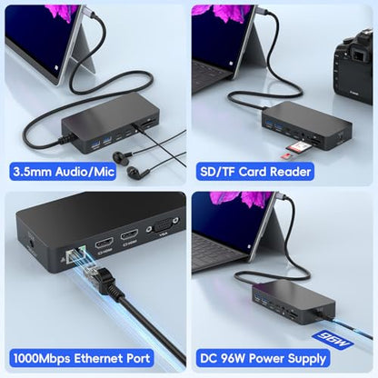 New Surface Thunderbolt 4 Dock Triple Displays 4K HDMI*2+VGA, 12 in 1 Surface Pro Docking Station with Power Adapter for Surface Pro 11/10/9/8/X/7/6/5/4/3, Surface Laptop, Surface Book Go