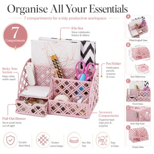 Exerz Mesh Metal Desk Organizer with 7 Compartments and Drawer Light Pink - color: F7 Light Pink