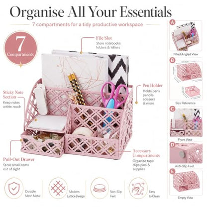 Exerz Mesh Metal Desk Organizer with 7 Compartments and Drawer Light Pink - color: F7 Light Pink