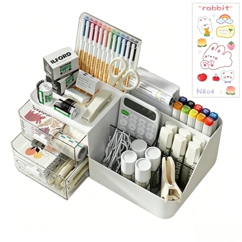 Drawer Organizers Accessories with 7 Compartments and 2 Drawers, Large Capacity Cosmetic Display Case, Pen Holder, Art Supply Storage Box Caddy for Office School and Home - color: Large Capacity 7 Slots 2 Drawers White