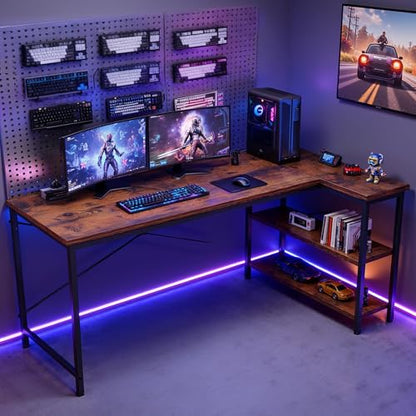 DUMOS L Shaped Computer Desk, 39" Gaming Corner Desks with Shelves | Home Office PC Table, Writing Working Study Desk with Reversible Layout, Bedroom Dorm, Rustic Brown