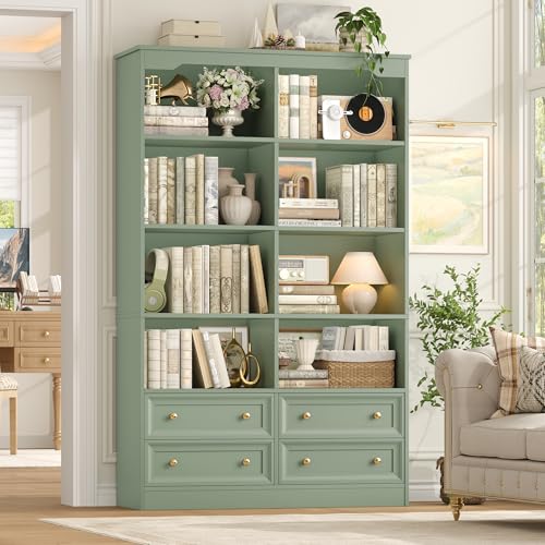 71" Tall Bookshelf with 4 Drawers Large Bookshelf Office Bookcase | 6-Tier Double Wide Bookshelves and Bookcases with Storage, Tall Bookshelf Standing Book Cabinet for Home Office, Green - color: Green