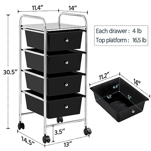 Yaheetech 4-Drawer Rolling Storage Cart with Wheels, Slim Organizer, Black - color: Black, style: 4 Drawers