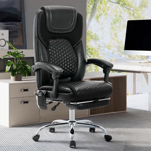 MALOL Massage Office Chair with 3-Level Heat and Footrest – 20-Min Easy Assembly, 300 lbs Big and Tall Reclining Desk Chair, PU Leather Ergonomic Executive Computer Chair with Side Pocket, Black - color: Black, size: Set of 1, style: Modern