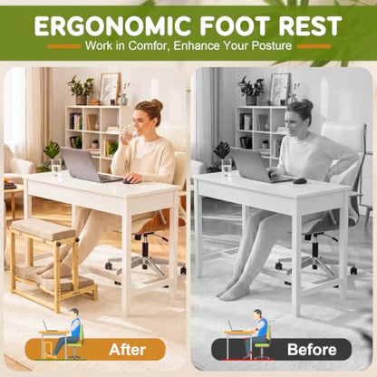 Two-Tier Bamboo Desk Footrest, Adjustable Ergonomic Leg Rest with Cushion | Adjustable 4 Heights Leg Rest with Removable Cushion, Wide Ergonomic Platform Ideal for Office, Gaming, and Study
