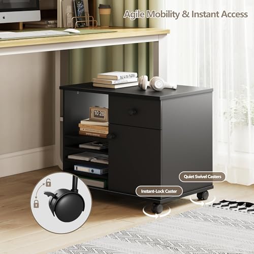 Quikraen Rolling File Cabinet with Doors | Adjustable Shelves Under Desk Storage Cabinet for Office Supplies Mobile Filing Cabinet Black - color: Black