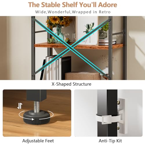 Furologee 6 Tier Book Shelf, Tall Wide Bookshelf, Industrial Open Bookcase, Display Shelves Storage Organizer, Shelving Unit for Living Room, Home Office, Bedroom, Rustic Brown | 20'' Wide Industrial Storage Shelves with X Crossbar, Shelving Units for Bed