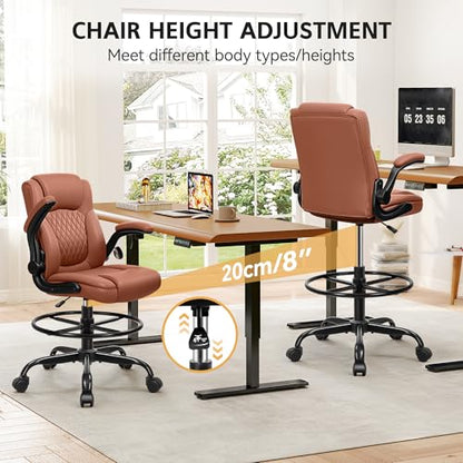 Drafting Chair, Tall Office Chair for Standing Desk, High Executive Leather Ergonomic Computer Chair with Adjustable Height and Flip-Up Armrest for Counter Height Desk, Brown, Pack of 1 - color: Brown