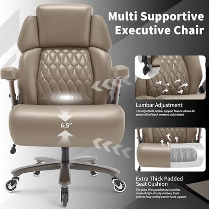 Big and Tall Office Chair 700lbs, Ergonomic High Back Computer Desk Chair | Adjustable Headrest&Lumbar Support, 3D Flip Arms, Large Wheels, Heavy Duty Metal Base, Thick Padded Wide Seat Executive Chair - color: Khaki