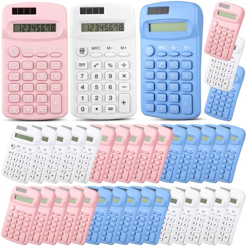 Flutesan 30 Pack Pocket Calculator Small Battery Powered Bulk Mini Size 4 Function Hand Held Basic Calculator for Students Kids School Home Office(White, Pink, Blue) - color: White, Pink, Blue