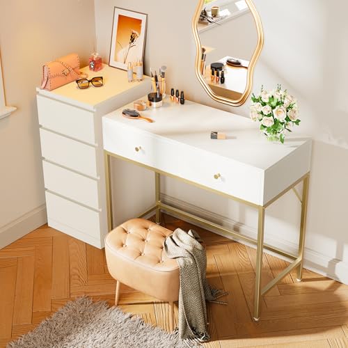 SUPERJARE 39.4" White and Gold Desk with 2 Drawers, Modern Makeup Desk - color: White and Gold, size: 39.4 inch
