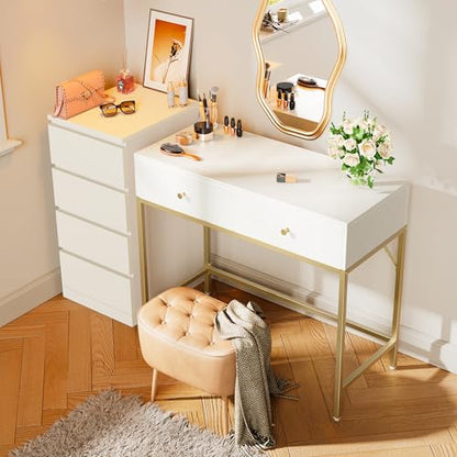 SUPERJARE 39.4" White and Gold Desk with 2 Drawers, Modern Makeup Desk - color: White and Gold, size: 39.4 inch