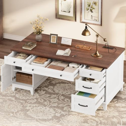 60" Executive Desk with Power Outlet, Home Office Desk with Drawers, Wooden Work Desk with File Cabinet, Computer Desk for Work, Study, Writing, White and Brown - color: White and Brown