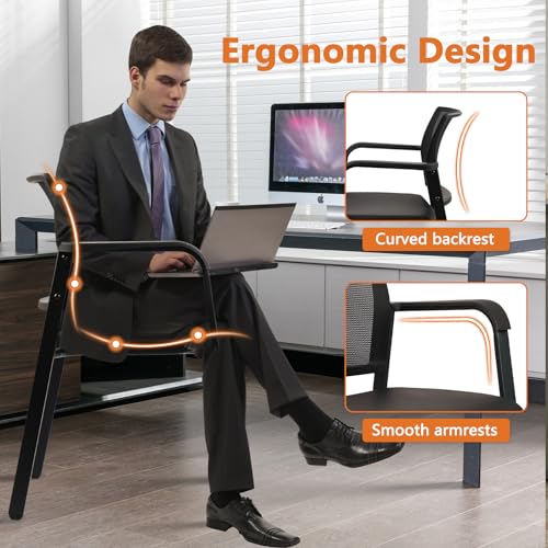 CLATINA Mesh Back Stacking Arm Chairs for Waiting Area, Side Desk Chair with Leather Seat and Ergonomic Lumbar Support for Office School Church Classroom Guest Customer Reception Black 2PK - size: 2 Pack