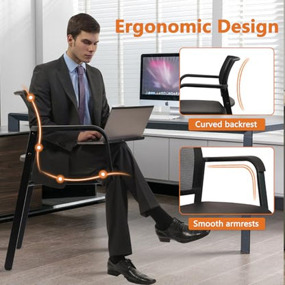 CLATINA Mesh Back Stacking Arm Chairs for Waiting Area, Side Desk Chair with Leather Seat and Ergonomic Lumbar Support for Office School Church Classroom Guest Customer Reception Black 2PK - size: 2 Pack