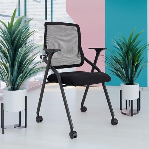 Updated Conference Room Chairs, Folding Office Desk Chair with Lumbar Support and Sliding Armrest with Casters, Stackable Office Guest Chairs & Reception Chairs, 4 Pack Black - color: Black, size: 4 Pack