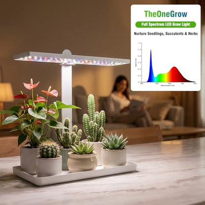 Desk Grow Light with Tray, Small Full Spectrum Plant Light for Indoor Plants, Adjustable Height Tabletop Grow Lamp for Succulents, Bonsai, Seedlings & Herbs, Auto 3/9/12H Timer, 4 Dimmable Levels