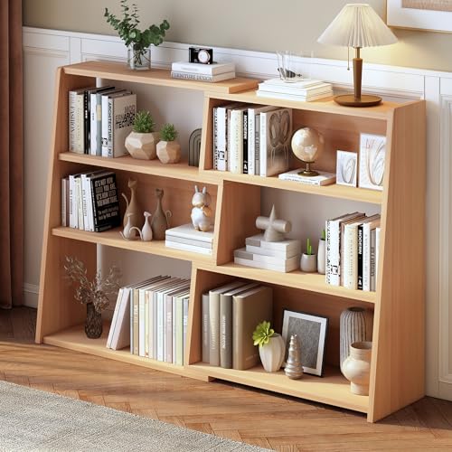 IOTXY Wooden Extendable Shelf Bookcase, 3-Tier Low Bookshelf, Oak, L | Adjustable Two-piece Design, 6 Open Cubbies, Extends 31.5"-59.1" for Straight Walls, Corners, and Small Spaces - color: Oak, size: Large
