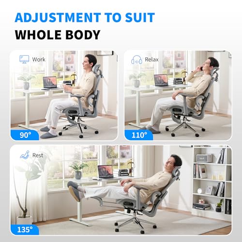 Mesh Ergonomic Office Chair with Footrest, Grey | High Back, Lumbar Support, Adjustable Headrest and Armrests, Gaming Chair,Home Office Desk Chair - color: Grey, style: Modern